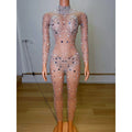 Stage Show Rhinestone Beaded Sexy Jumpsuit Club Wear High Neck Long Sleeve Women Bodycon One Piece Jumpsuit