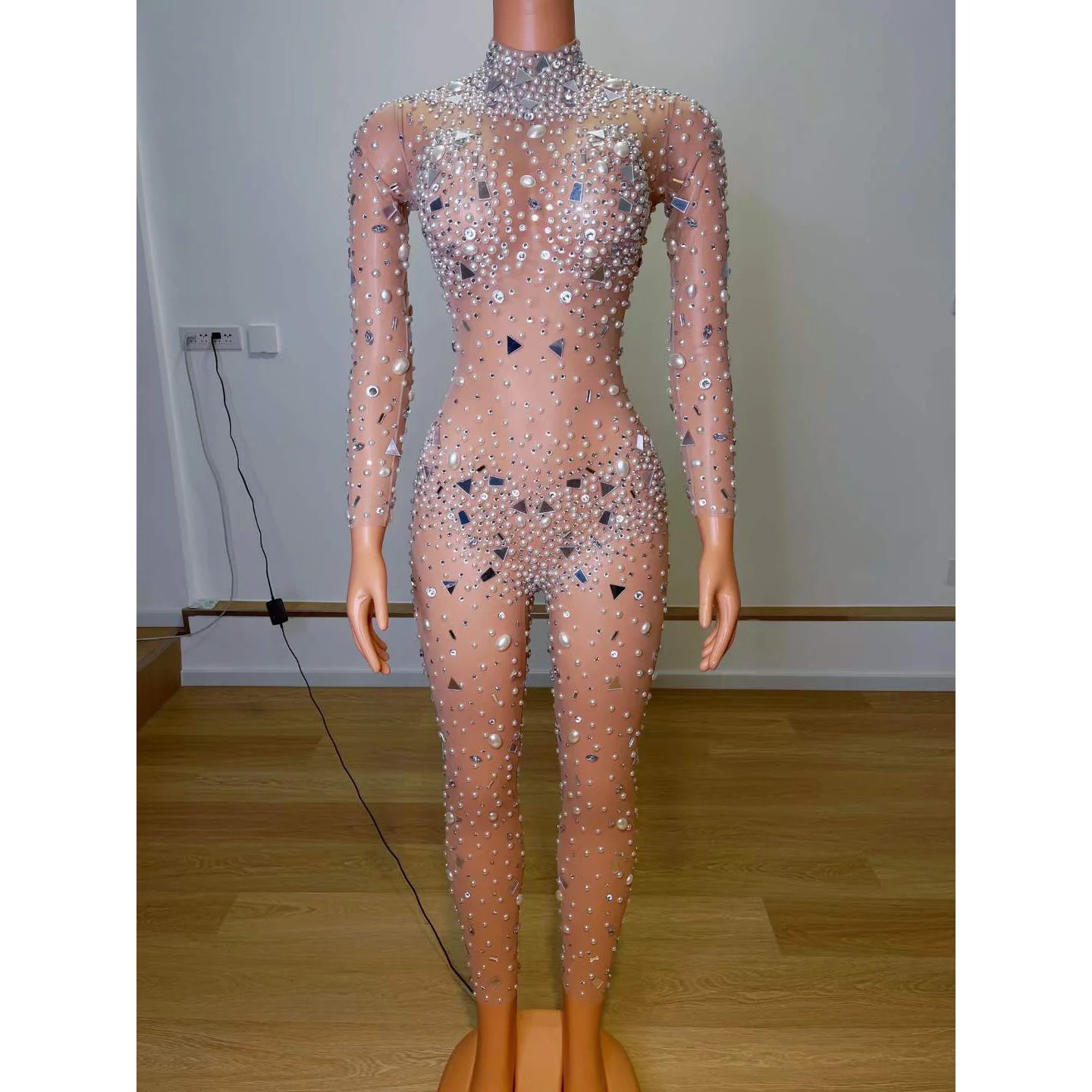 Stage Show Rhinestone Beaded Sexy Jumpsuit Club Wear High Neck Long Sleeve Women Bodycon One Piece Jumpsuit