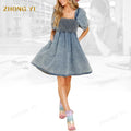Wholesale Custom Summer Women's New Cute Puff Short Sleeved With Back Tie and Chest Elastic Design Woman Casual Denim Dress