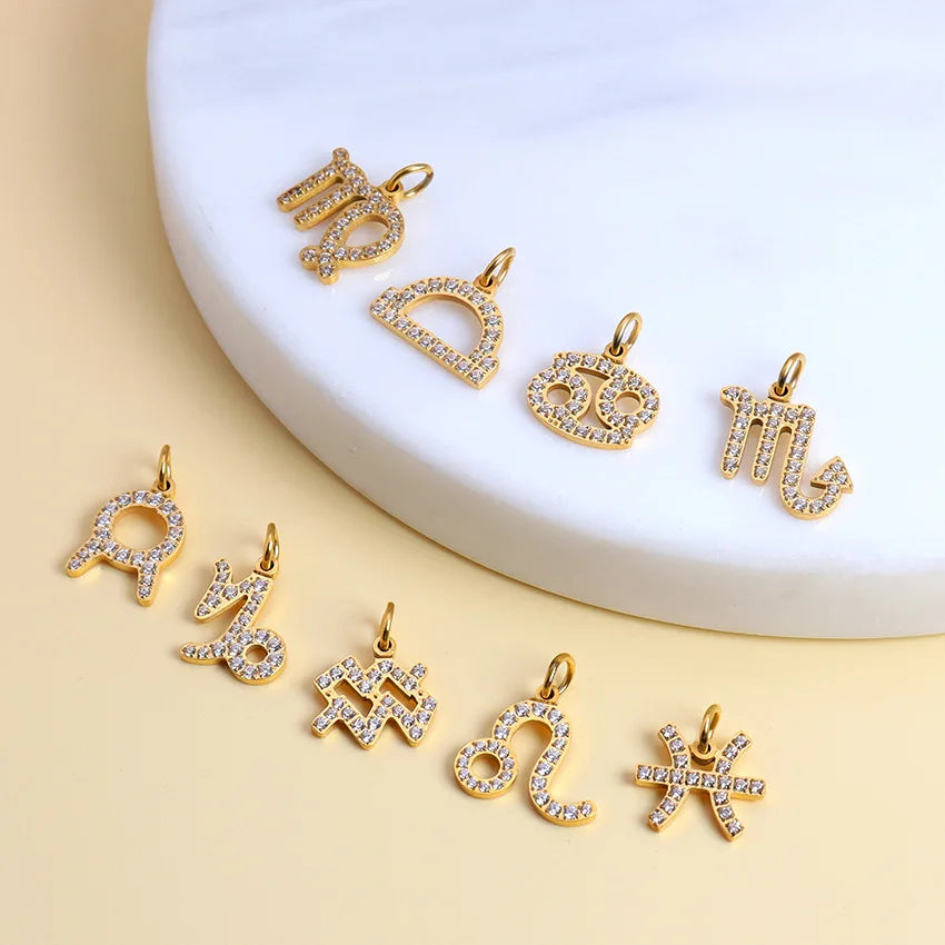 Gold Plating Personalise 12 Zodiac Zircon Pendants Charms High Polished Stainless Steel Zodiac Pendant Set