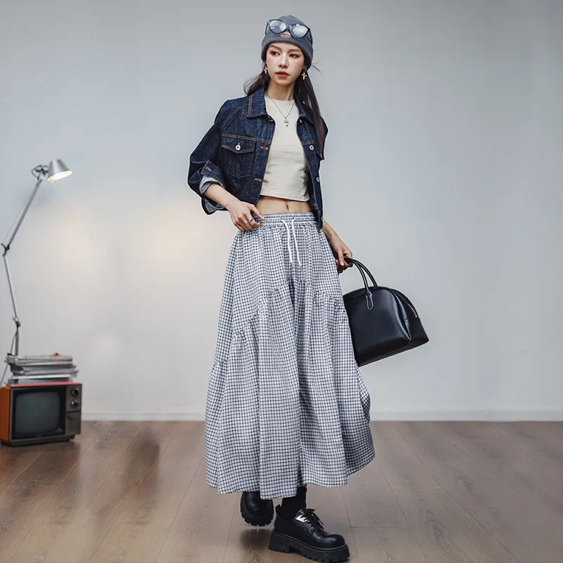 Maden Women's Plaid Skirt Classic Checkered Skirt Temperament A-line Loose Fit Long Slim Umbrella Skirt Bottom Dress Summer RTS