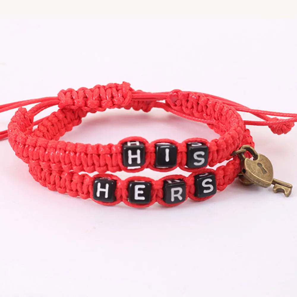 Adjustable Handmade Red Black White Cord His and Hers Lock and Key Charms Bohemian Style Anniversary Couple Bracelets