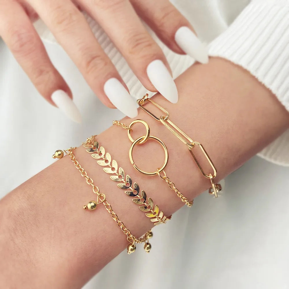 VKME Wholesale Women Jewelry Trend Gold Plated Geometric Bracelet Leaf Bracelet Set