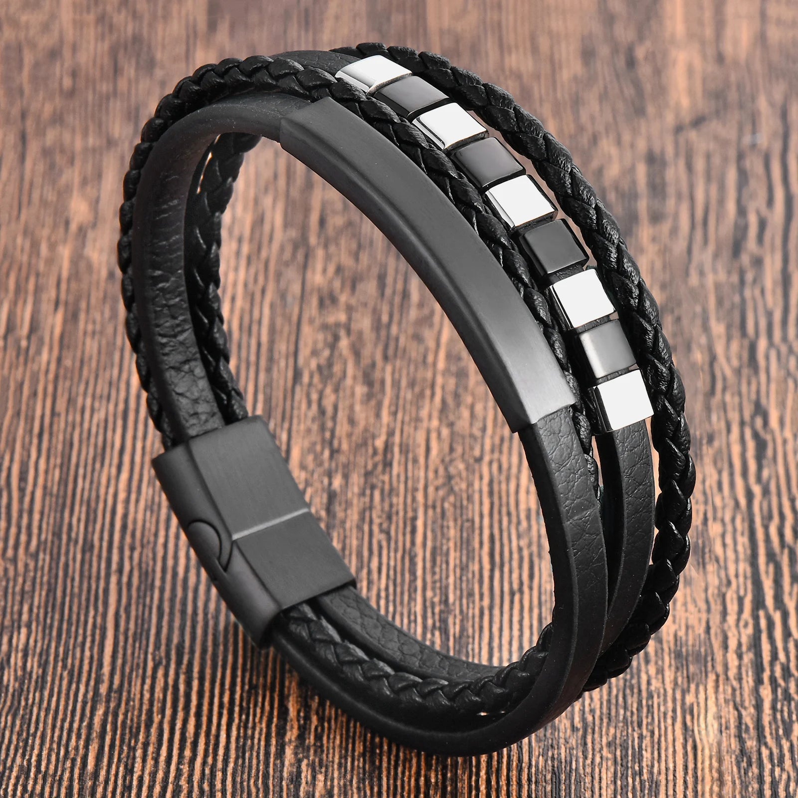 Handmade Multi Layer Braided Genuine Leather Bracelet PVD BlackStainless Steel Magnetic Clasp Leather Bracelet Men's Jewelry
