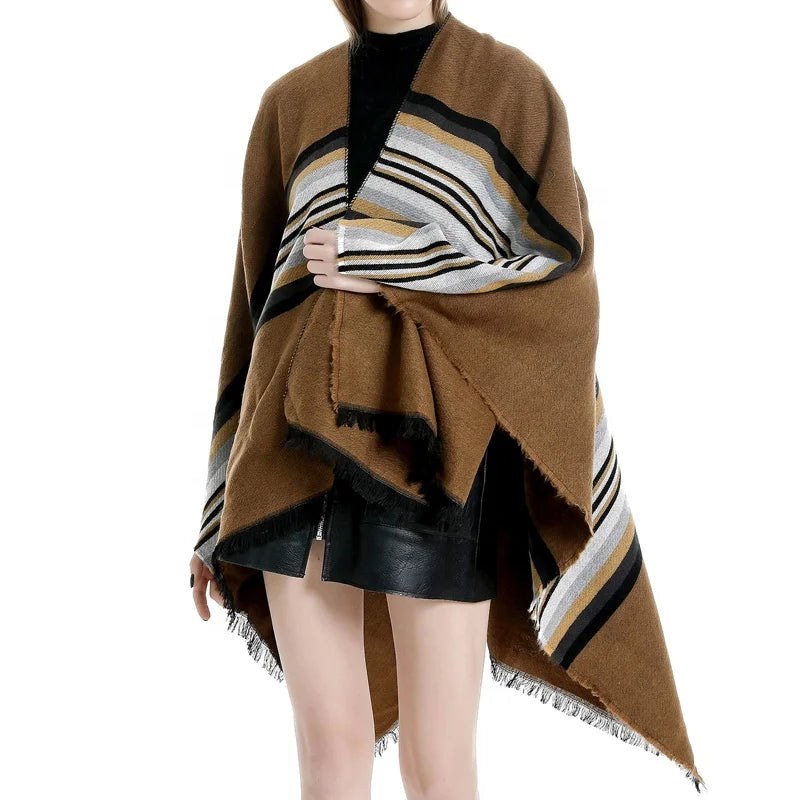 Women Winter Shawl Wrap Reversible Oversized Blanket Poncho Cardigan Knitted Coat Cape Dress