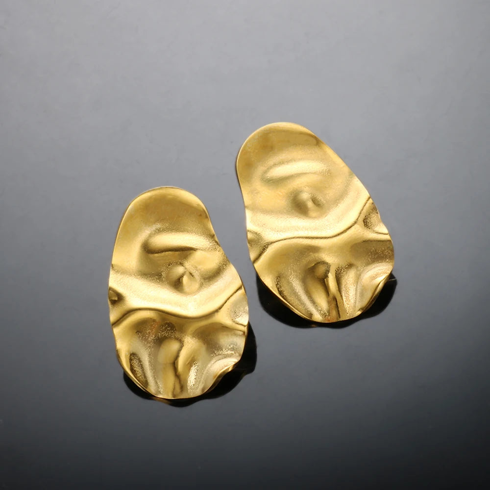 Stainless Steel Irregular Oval Shape Matte Color 18K Gold Plated Tin Foil Hammered Earrings