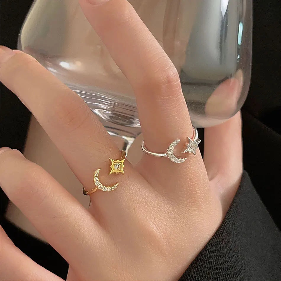 925 Sterling Silver Eight Pointed Star Crescent Moon Ring Shiny Zircon Thin Adjustable Rings Women Boho Chic Romantic Jewelry