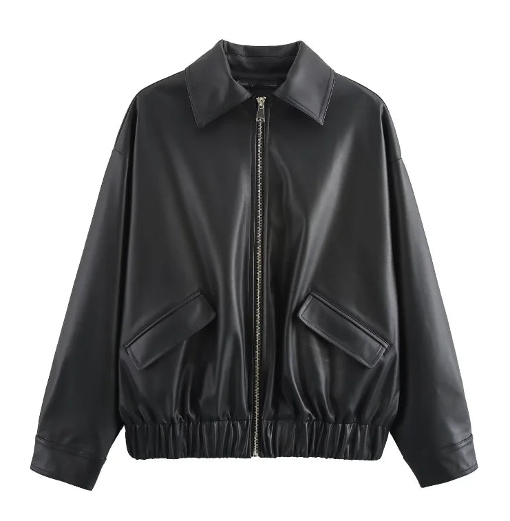 Guangzhou Auyan 2025 Spring New Fashion High PU Leather Loose With Fashion square Collar Leather Jacket Coat