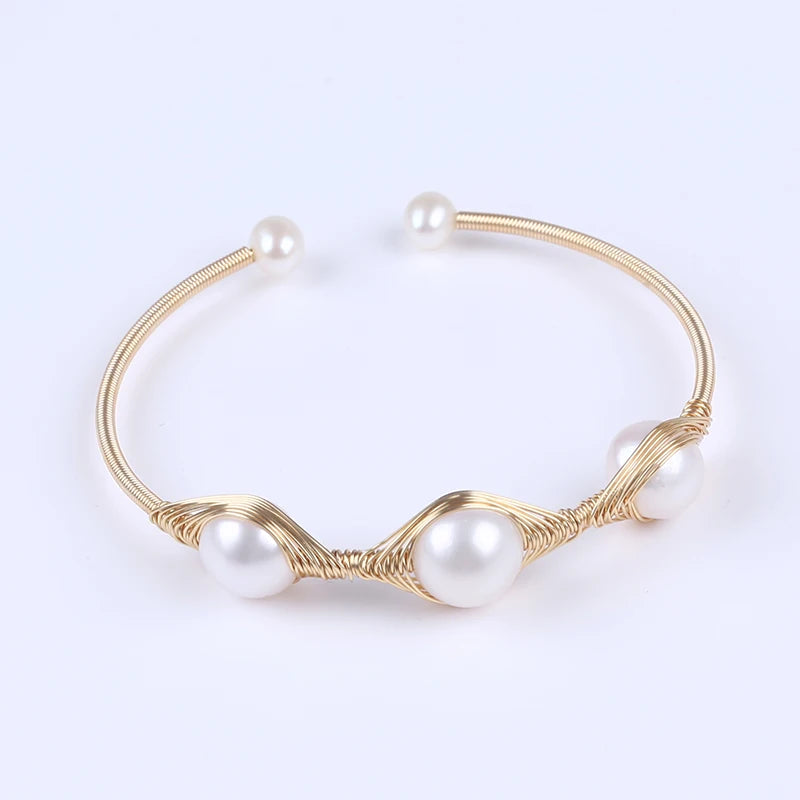 Gold Plated Copper Handmade Real Pearl Potato Beads Bracelet