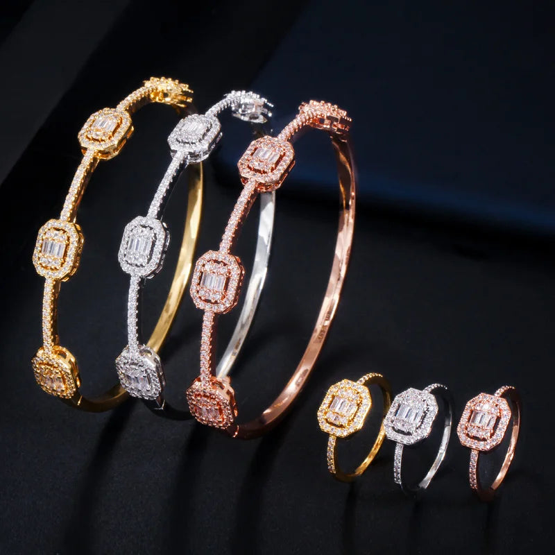 Fashion Copper Stackable CZ Jewelry Cubic Zirconia Rose Gold Color African Bridal Cuff Bangle Bracelet with Ring Set for Women
