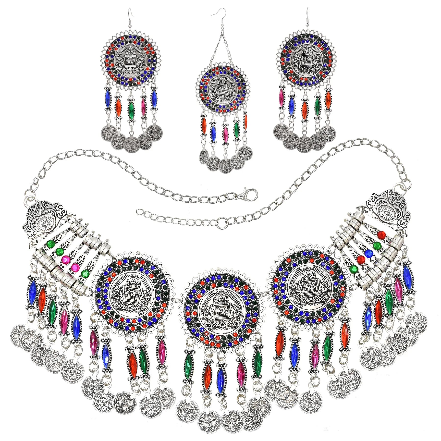 Colorful Crystal Coin Necklaces Earrings Hair Clips Sets Festival Dance Party Jewelry Sets Bohemian Vintage Metal