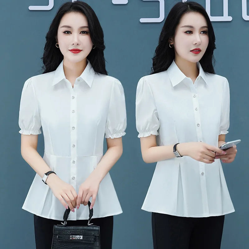 Solid Color White Blue Summer Slim Blouse Women's Short Sleeve Plus Size Shirt Top for Office