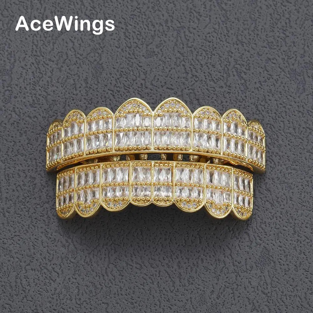 AceWings G030 Iced Out Square CZ Tooth Grilz Hip Hop Jewelry Brass Cubic Zircon Silver/Gold Plated Men Women Gift
