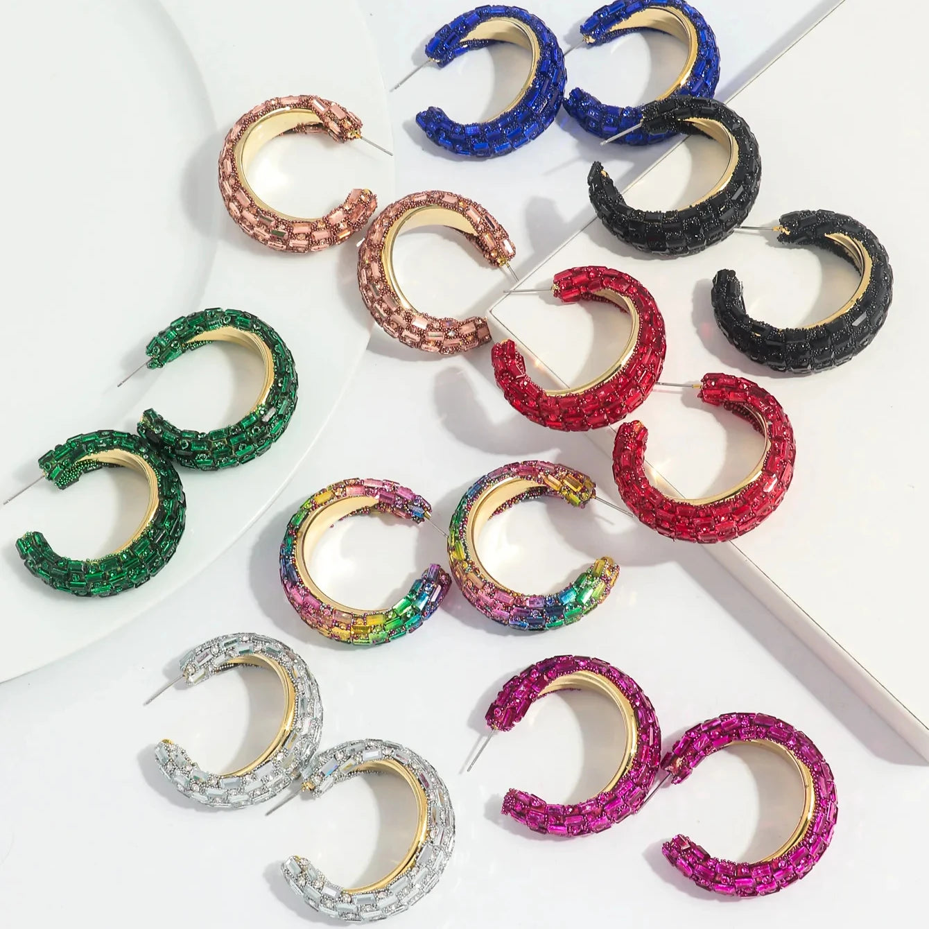 Fine Fashion Luxury Jewelry Full Diamond C-shaped Earrings Trendy Elegant Party Jewelry Colorful Crystal Rhinestone Hoop