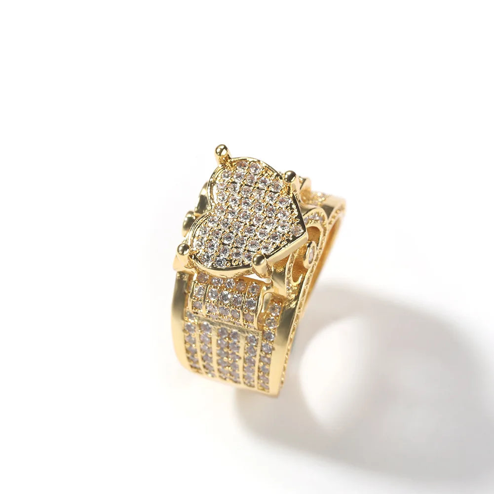 European Romantic Brass Micro Pave Zircon Engagement Ring Hip Hop Heart Design Trendy Ring for Wedding Gift