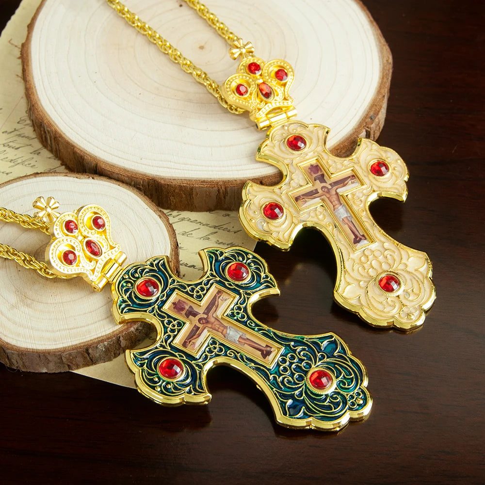 HT 2026 New Gold Orthodox Pectoral Cross Necklace for Religious Ritual Church with Customize Stones and Gift Box