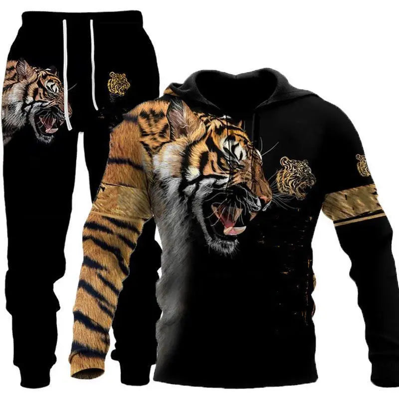 Autumn Winter Men's Clothing 2 Piece Set Custom 3D King Tiger Print Joggers and Hoodies Plus Size Casual Tracksuit Set