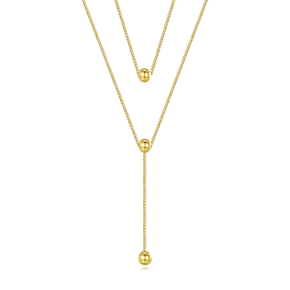 18K Gold Ball Charm Necklace - Double Layered Minimalist Long Chain Stainless Steel Women's Jewelry