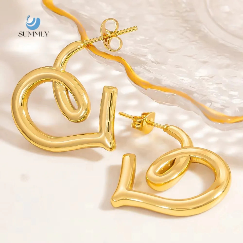SUMMLY Vintage Wholesale Fine Luxury Heart-Shaped 18K Gold Plated Stainless Steel Earrings Fashion Jewelry