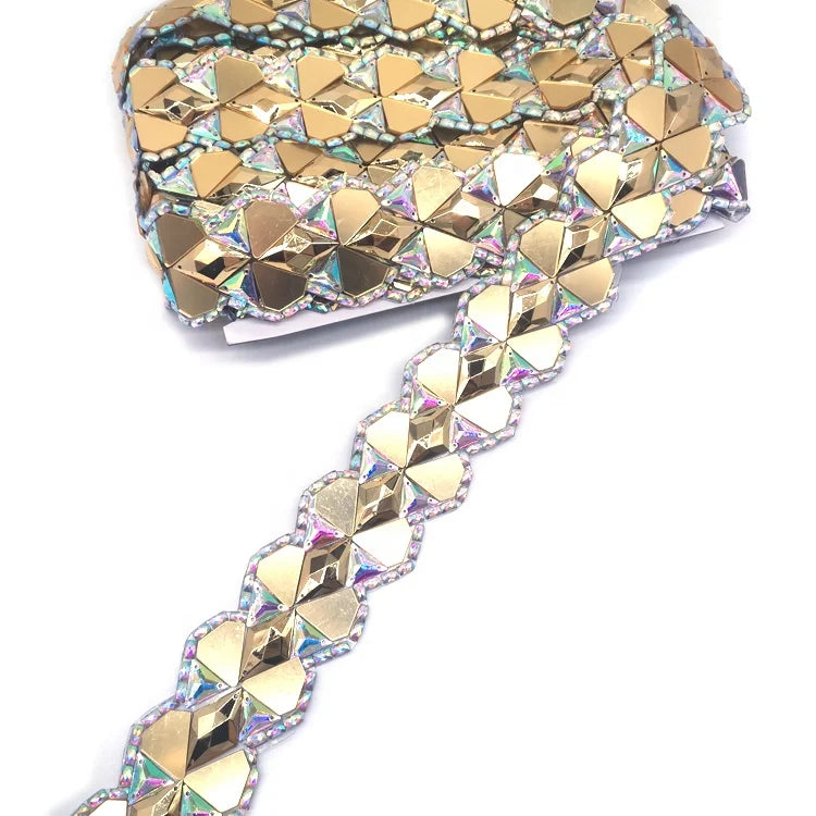 Stock Carnival Costumes Accessories Hot Fix Mirror Gold Diamond Acrylic Rhinestone Trimming