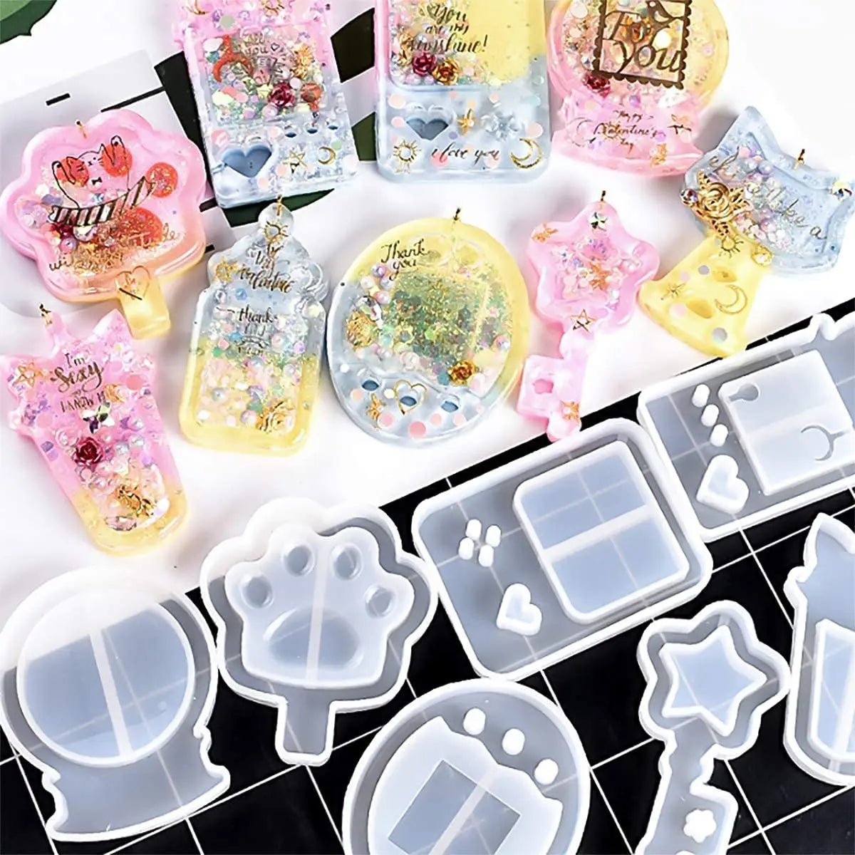 9 Pieces of Silica Gel Shaker Mold Quicksand Casting Mold Epoxy Resin Mold for Jewelry Pendant Decoration Production