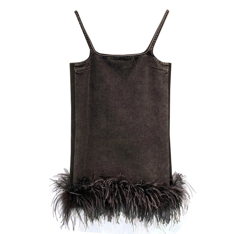 New Fashion Evening Party Fur Dress Women Black Fluffy Ostrich Feather Denim Dress