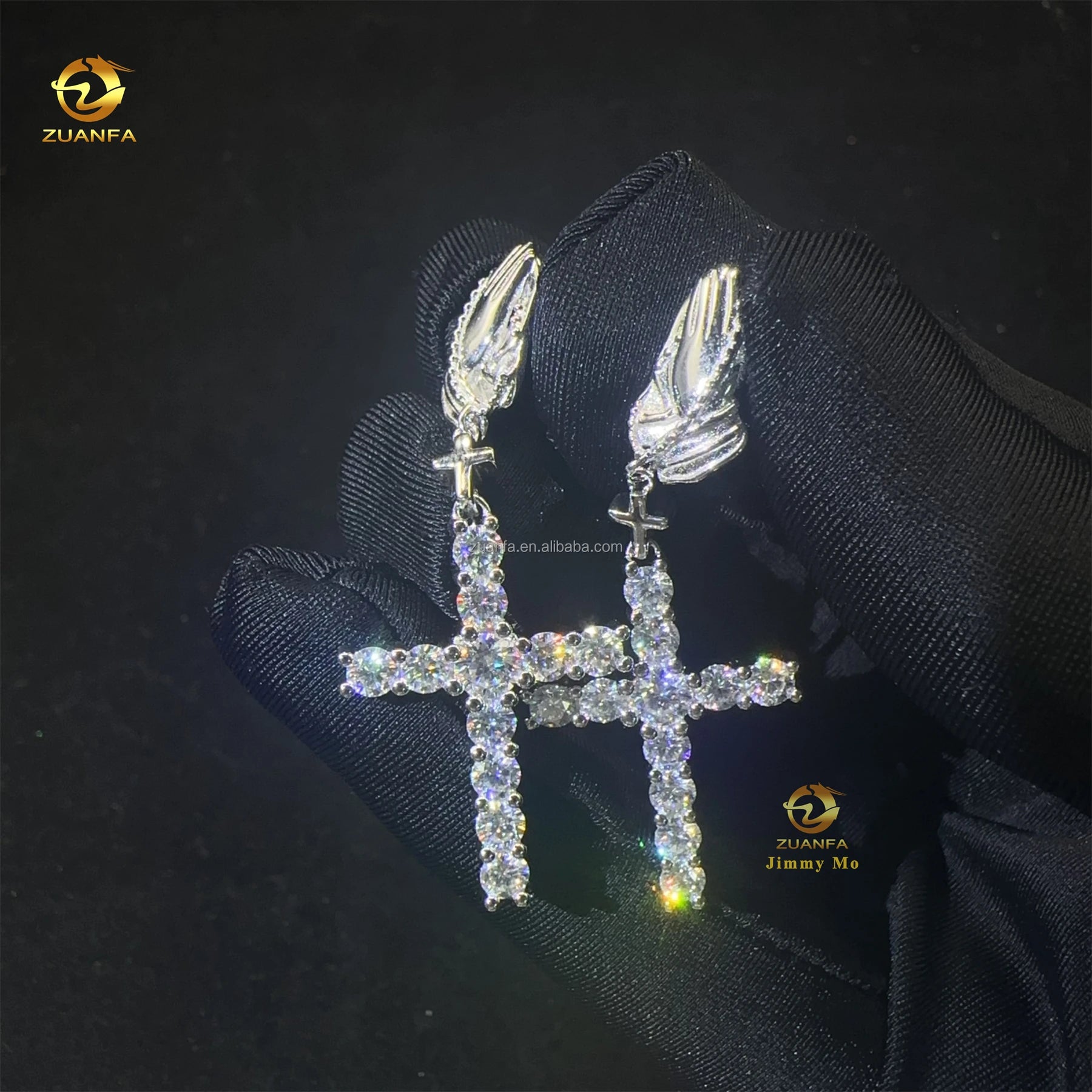 Bulk Stock Drop Shipping Rhodium Plated 925 Silver Solid  Men Iced Out Hip Hop Moissanite Diamond Cross Shape Drop Earrings Men
