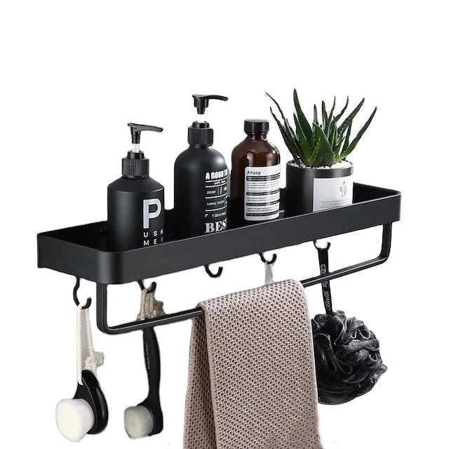 Bathroom Black 30Cm Wall Hanging With Hooks and Towel Holder Shower Shelf Without Drilling