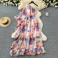 LW0877 2025 Spring New Holiday Style One-Shoulder Ruffled Print Dress Women Strap Waist Long Dresses Women Lady Elegant