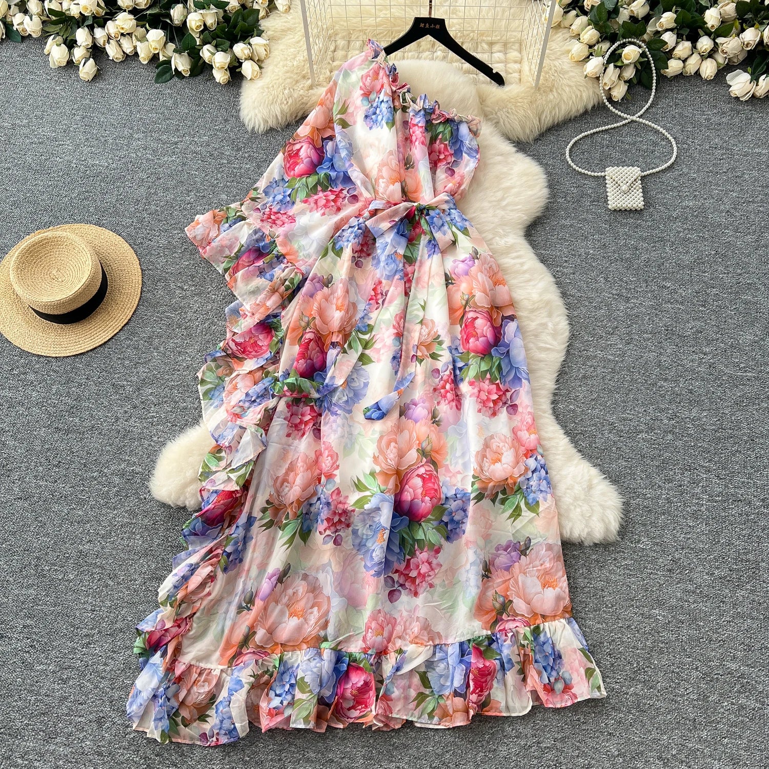 LW0877 2025 Spring New Holiday Style One-Shoulder Ruffled Print Dress Women Strap Waist Long Dresses Women Lady Elegant