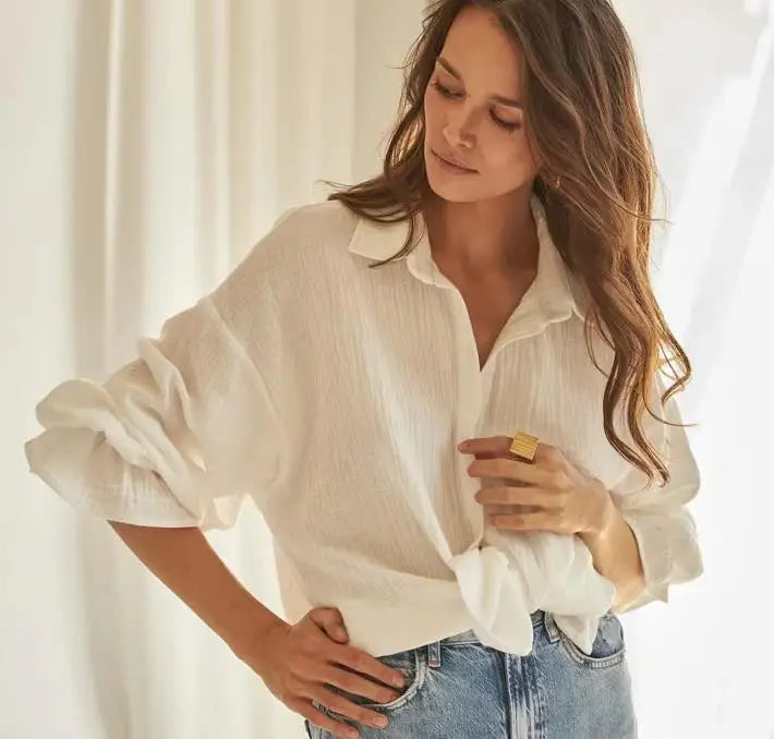 Enyami Urban Wear Office Leisure Cotton Petal Cuff Long Sleeve Casual Shirts Women Blouse