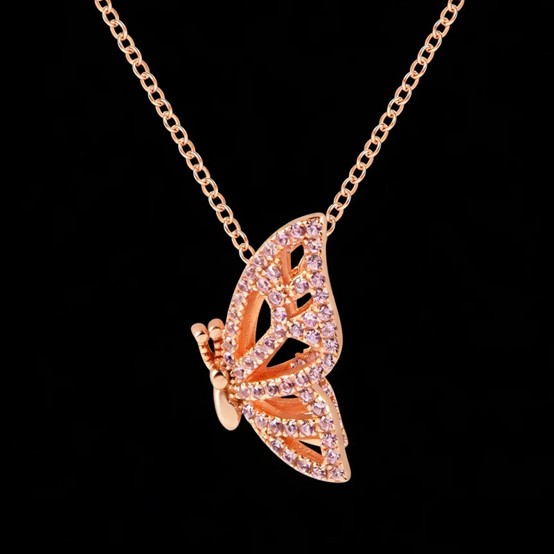 925 Sterling Silver Rose Gold Bling Jewelry Dainty Butterfly Pendant Necklace for Women