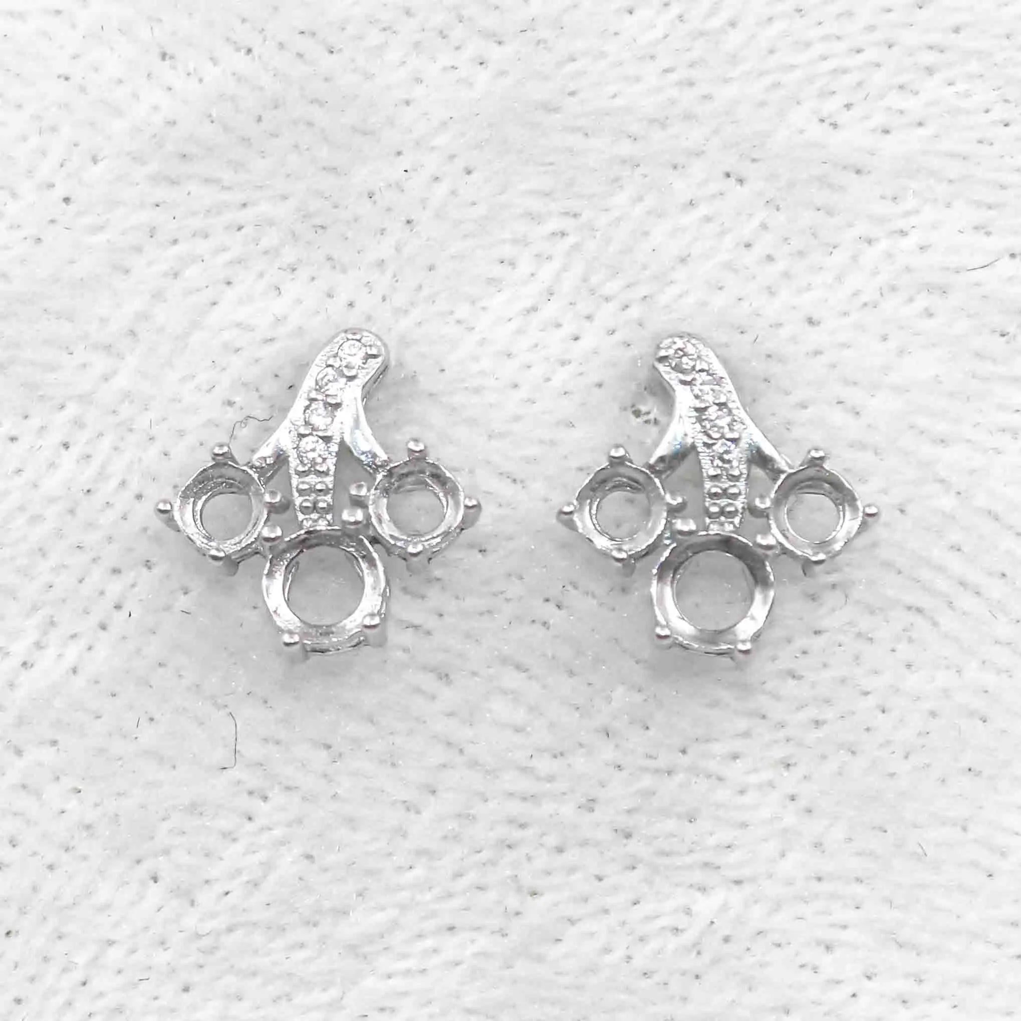 Sterling Silver 3mm+4mm Semi Mount Stud Earrings Empty Support Blank Claws Setting S925 Base Without Center Stone for DIY Inlay