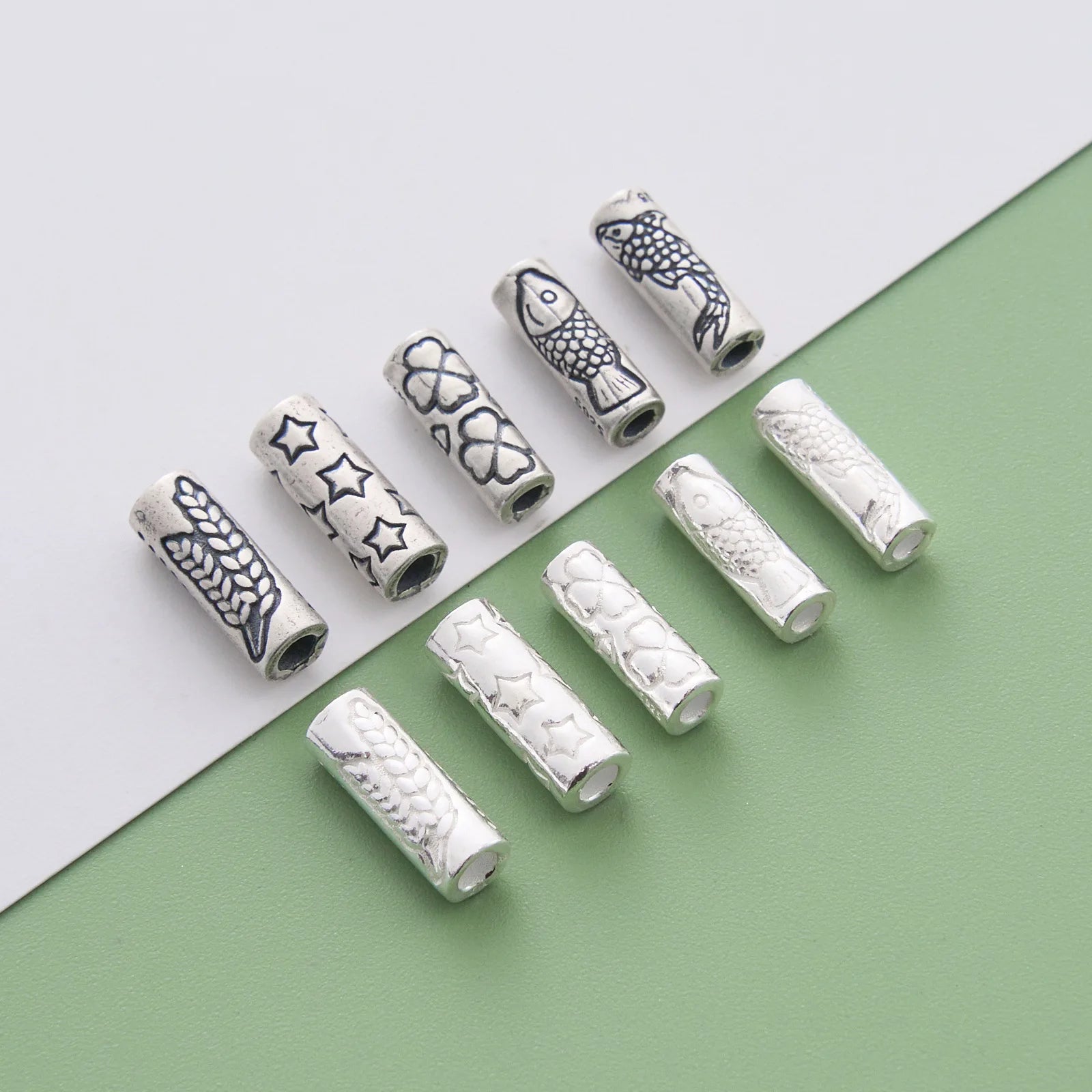 925 Sterling Silver Long Round Tube Spacer Bead Star Four Leaf Clover Fish Pattern Barrel Beads Accessories Wholesale