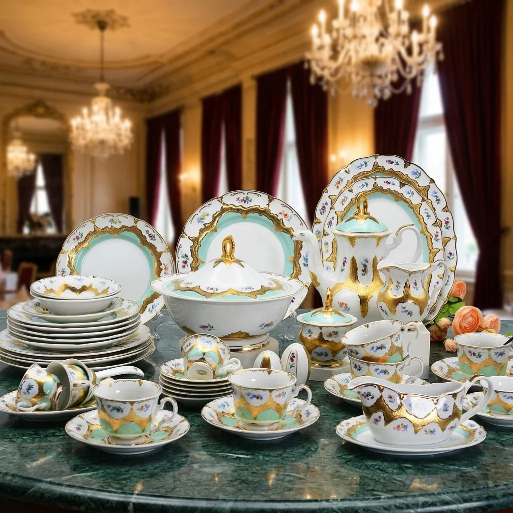 86pcs Royal Style Embossed Gold Porcelain Luxury Dinner Set Plate Bowl Dish Sets with Coffee Tea Cup for Hot and Wedding Party