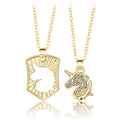 New Creative Gold Diamond Unicorn Couple Necklace Set Men Women Pendant Jewelry Silver Color BFF Clavicle Chain