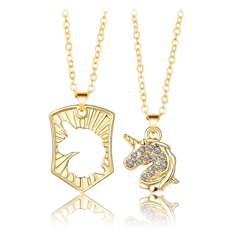 New Creative Gold Diamond Unicorn Couple Necklace Set Men Women Pendant Jewelry Silver Color BFF Clavicle Chain
