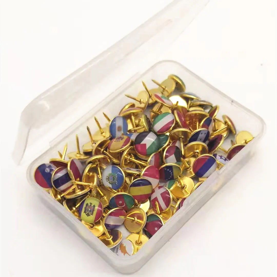 100 Pcs / Box National Flag Thumb Tacks Country Map Push Pins for Bulletin Board Map Office