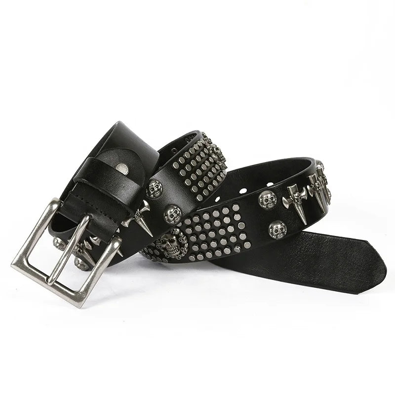 Factory Custom Punk DJ Style Skull Rivets Italian Cowhide Leather Punk Studded Belts for Men Women
