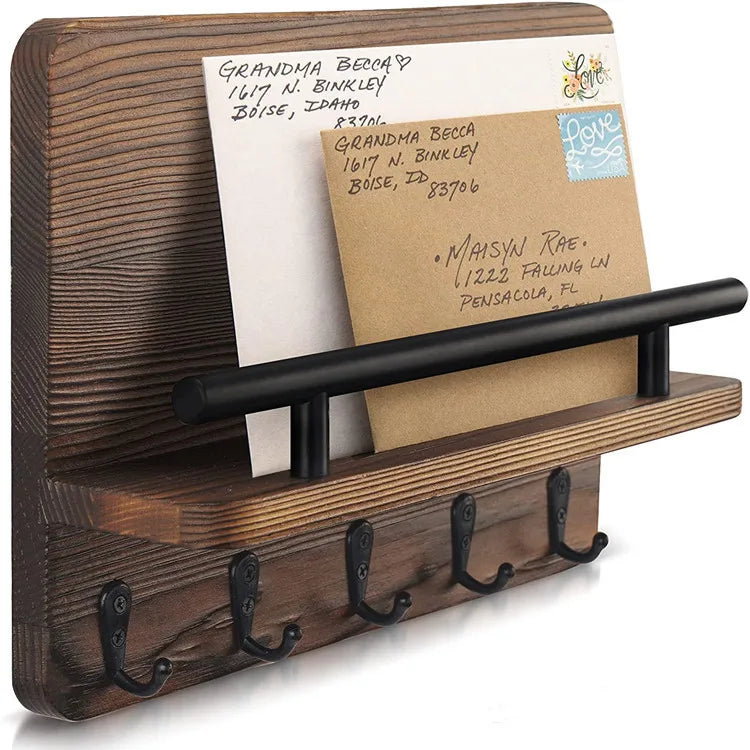 Black Rustic Modern Wooden Wall Mount Mail Organizer Shelf Wood Decorative Mail Holder and Key Holder