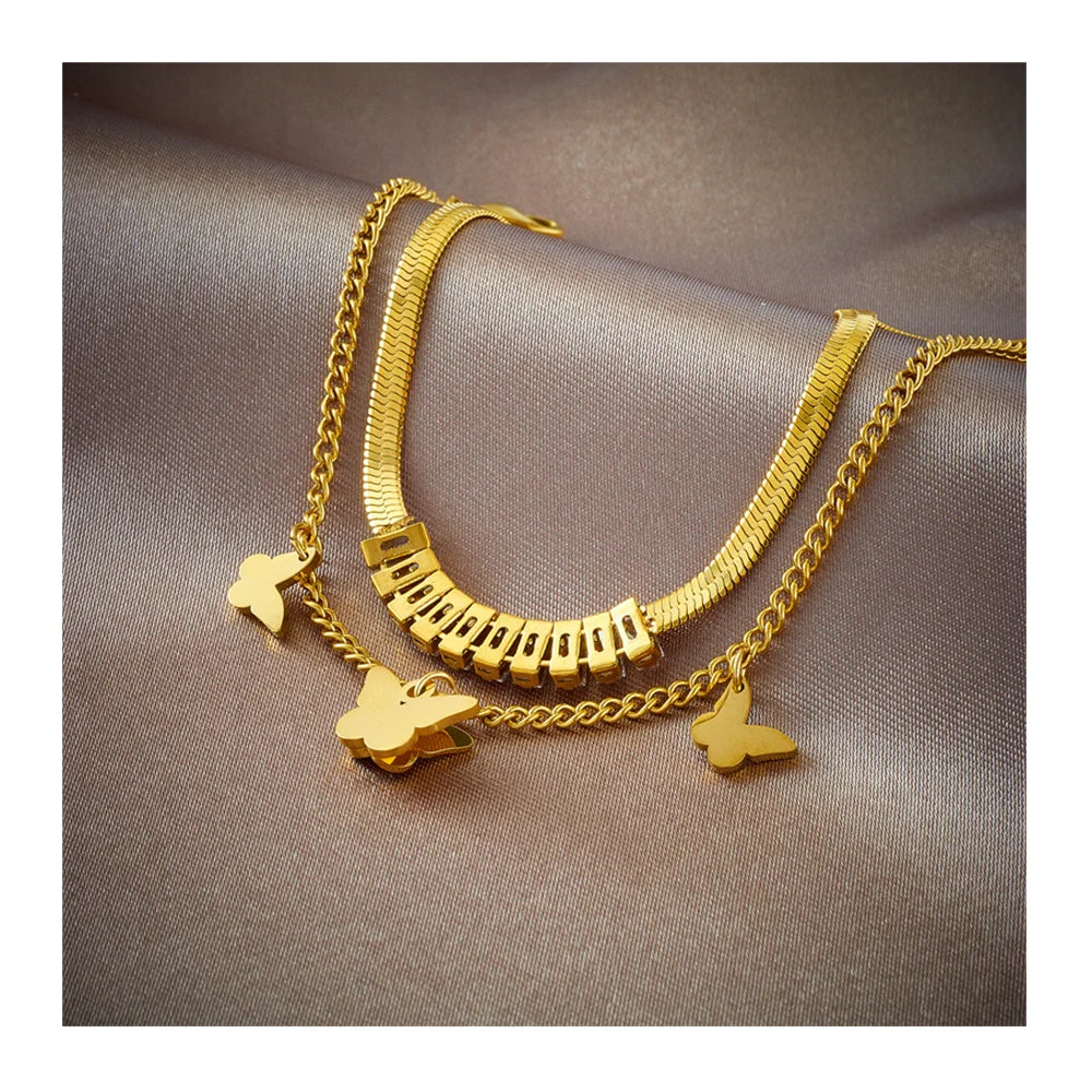 New Adjustable Tarnish Free Stainless Steel 18K Pvd Gold Plated Double Layer Butterfly Charm Bracelet Women