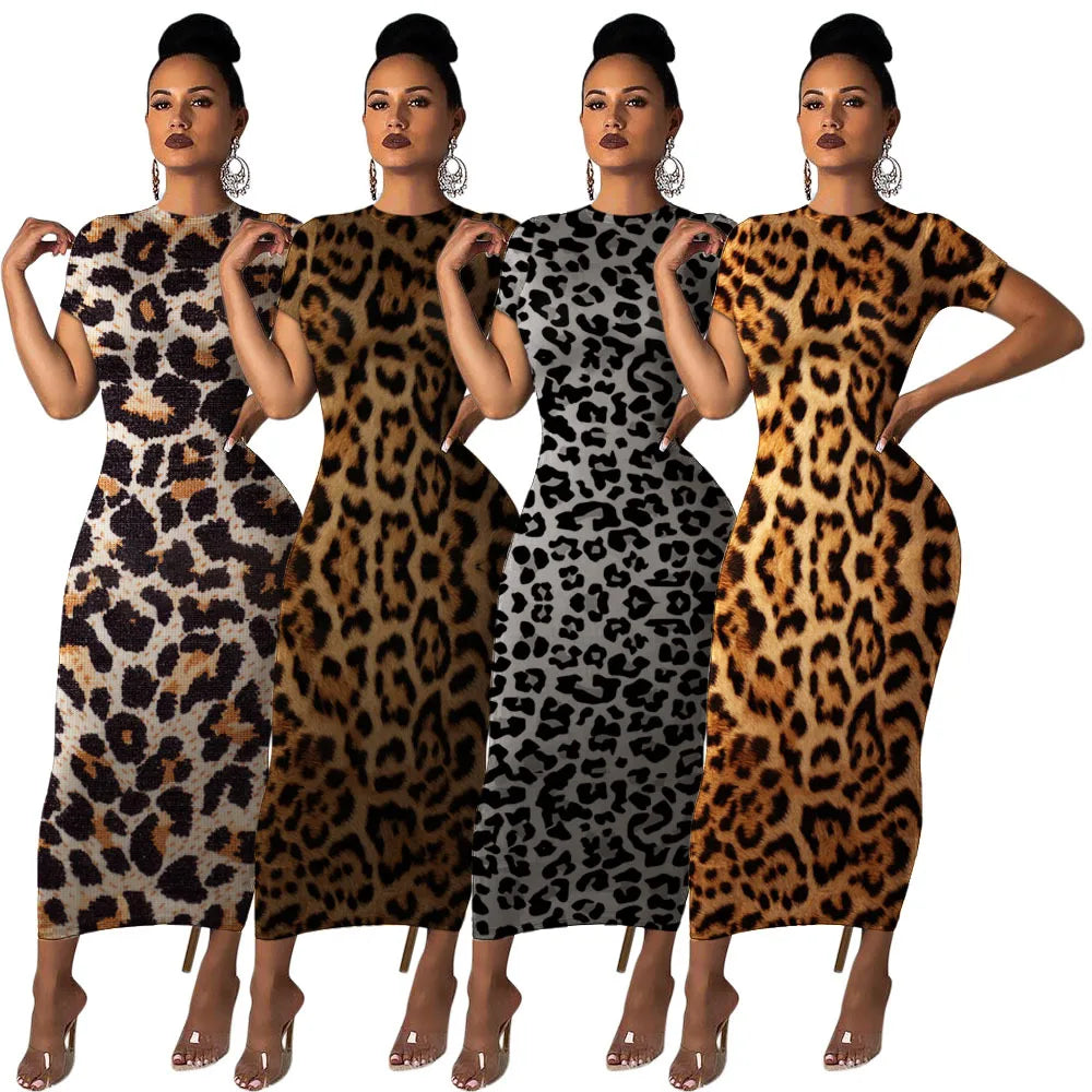 RTS Women Summer Short Sleeve Classics Dress Bodycon Maxi Long Leopard Tiger Dresses
