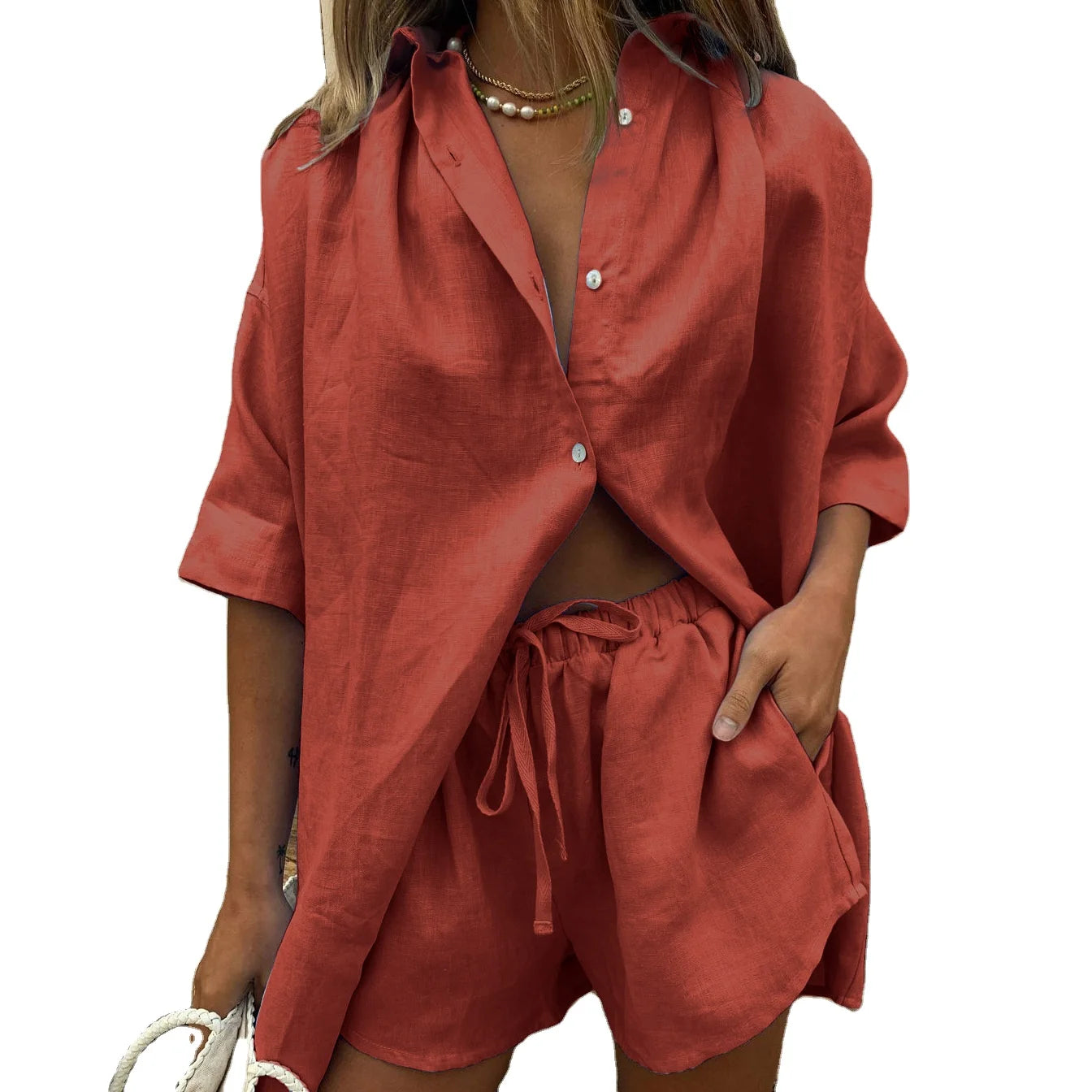 Women's Pajamas Set V Neck Cotton Blend Sleepwear Breathable Light Nightie Shirt Style Leisure Home Clothes Nightwear