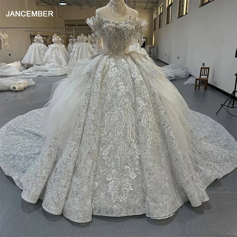Hot Sale Boat Neck Crystal Ball Gowns Luxury Wedding Dress for Women Fashion Dress Long Train Bridal Gown Mn251