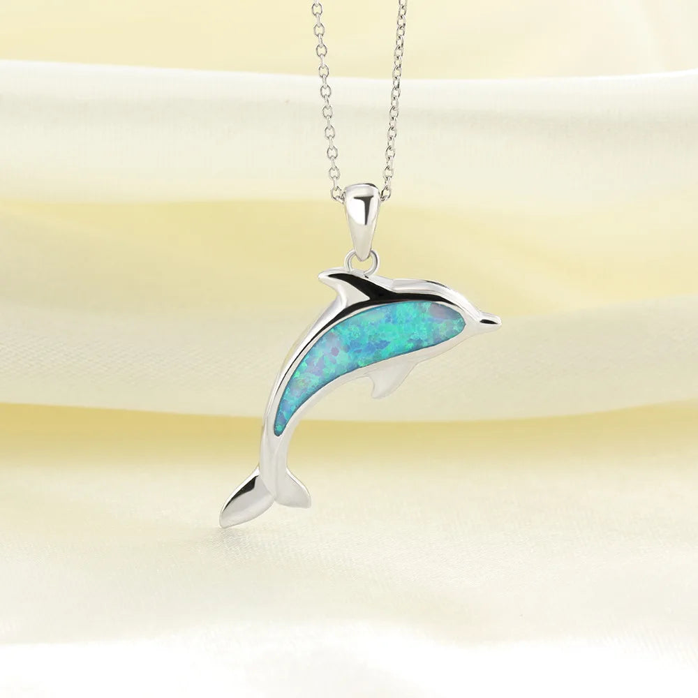 MYF Custom 925 Sterling Silver Rhodium Plated Dolphin Opal Animal Charms Pendant Necklace Beach Trendy