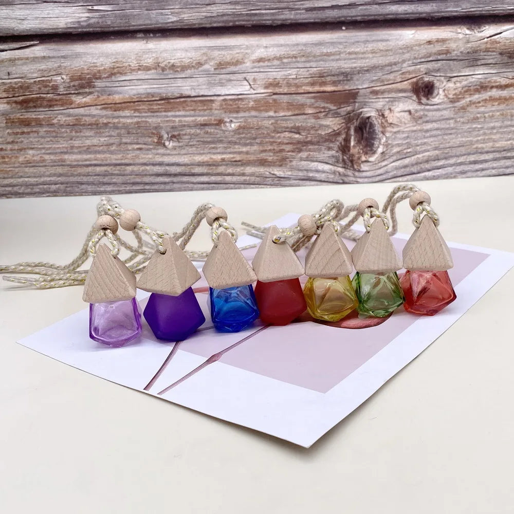 Mini 8ml Triangular Shape Glass Perfume Bottle Empty Frosted Colored Hanging Car Perfume Bottle With Wooden Cap