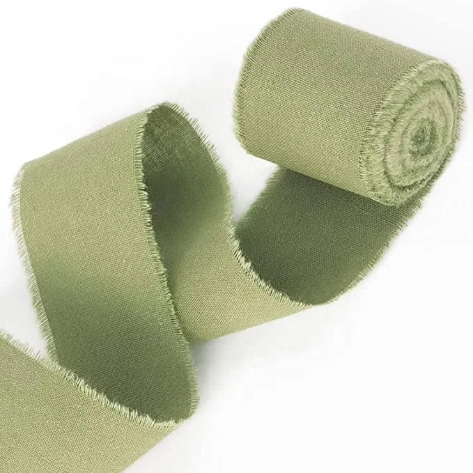 Light Green 1.5'' X 5 Yards Handmade Frayed Edges Luxury Double Face 100% Cotton Ribbon Custom Personalized Rustic Wedding Gift