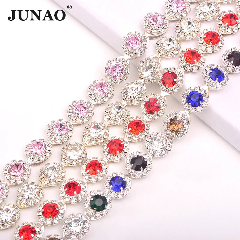 JUNAO 1 Yard Colorful Rhinestone Sil Ver Base Chain Pink Crystal Trim Rhinestone Chains for Shoes Boots Decoration