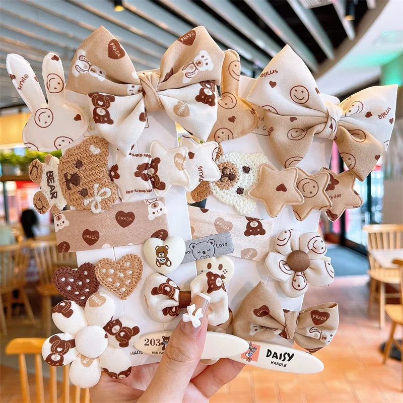 Autumn and Winter Sweet Hairclip Set Bear Cute Cartoon Hairpin Coffee Color Princess Headdress for Children