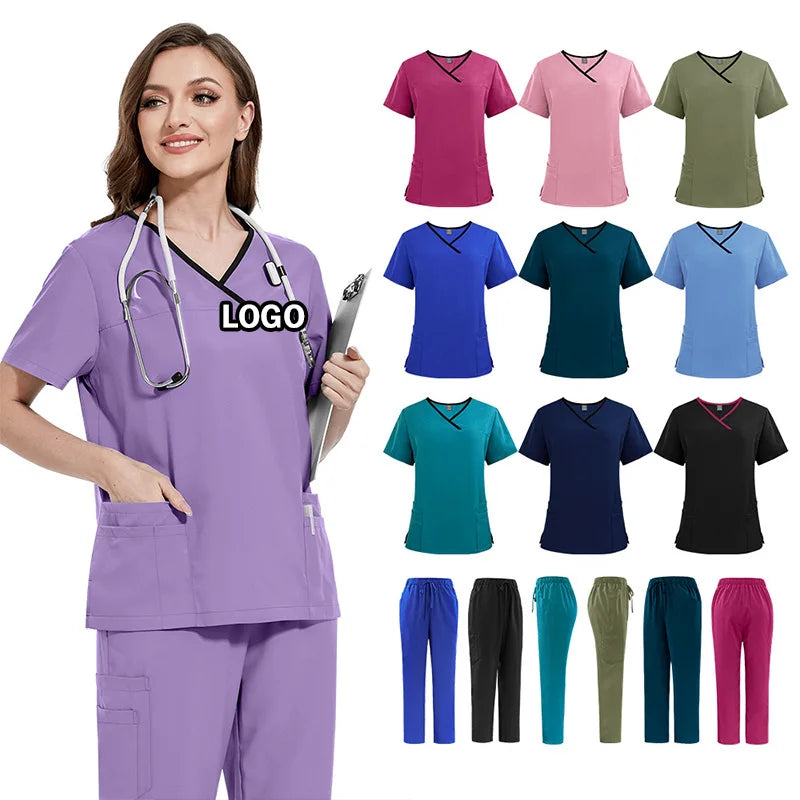 Custom Logo Summer Surgical Operating Room Nurse Doctor Unisex Hospital Uniforms Pants Nursing Scrubs Suits Sets
